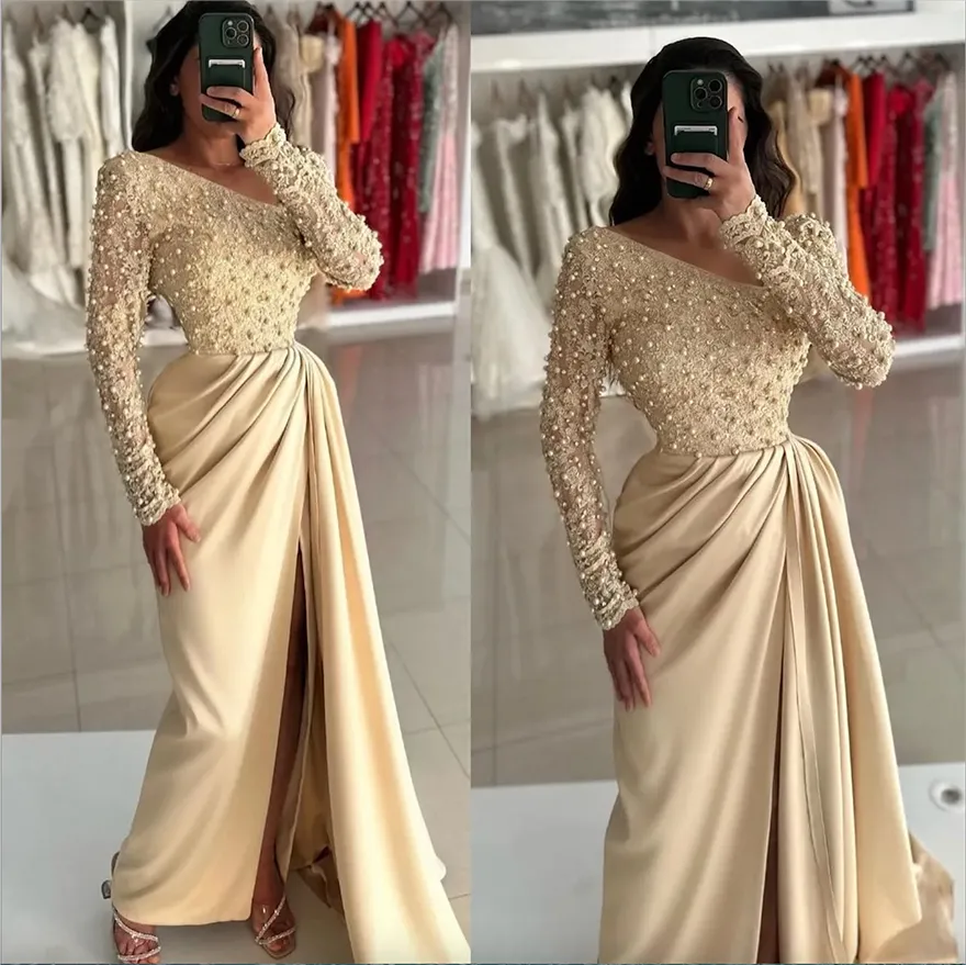 Gorgeous Pearls Evening Elegant V Neck Long Sleeves Prom Dress