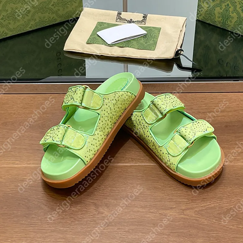 DHgate Womens Designer Flat Slides Slippers Luxury Crystal Sandals Sunny Room Mules Purple Green Sandals New Casual Slides Shoes Accessories