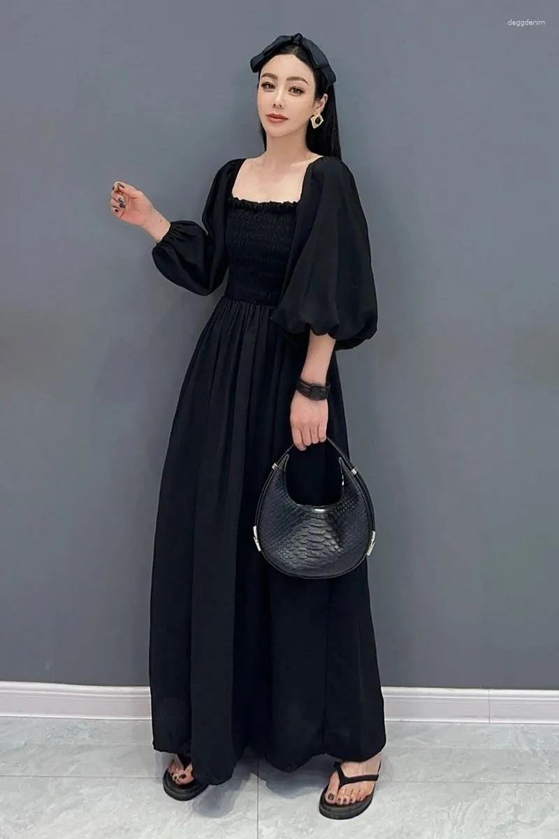 open lace back dress Unique Vintage Black Scalloped Neck Swing Dress