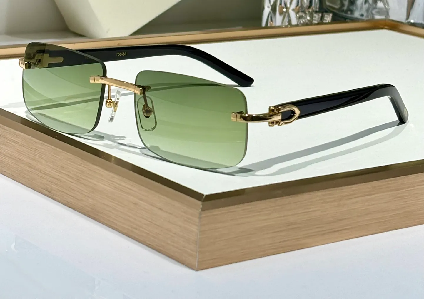 Retro Rimless Rectangle Sunglasses Gold Metal Tinted Lens UV400 Protection Light Gold Wide Rectangle Rimless Tinted Sunglasses with  main image 2
