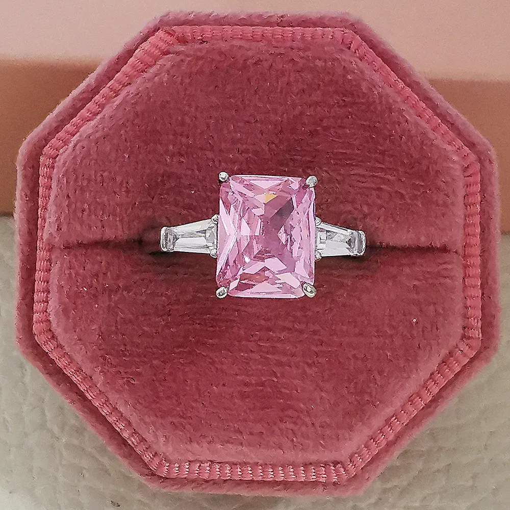 Designer-Ring, rosafarbener rechteckiger Diamantring, hochwertige Krappenfassung, Schmuck-Accessoire für Partys, Geschenkidee_voghion.com