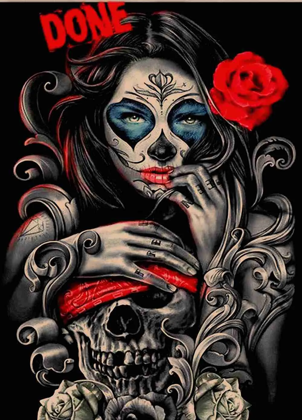 Skull Tattoo Poster Art Death Metal Skeleton Vintage Kraft Paper