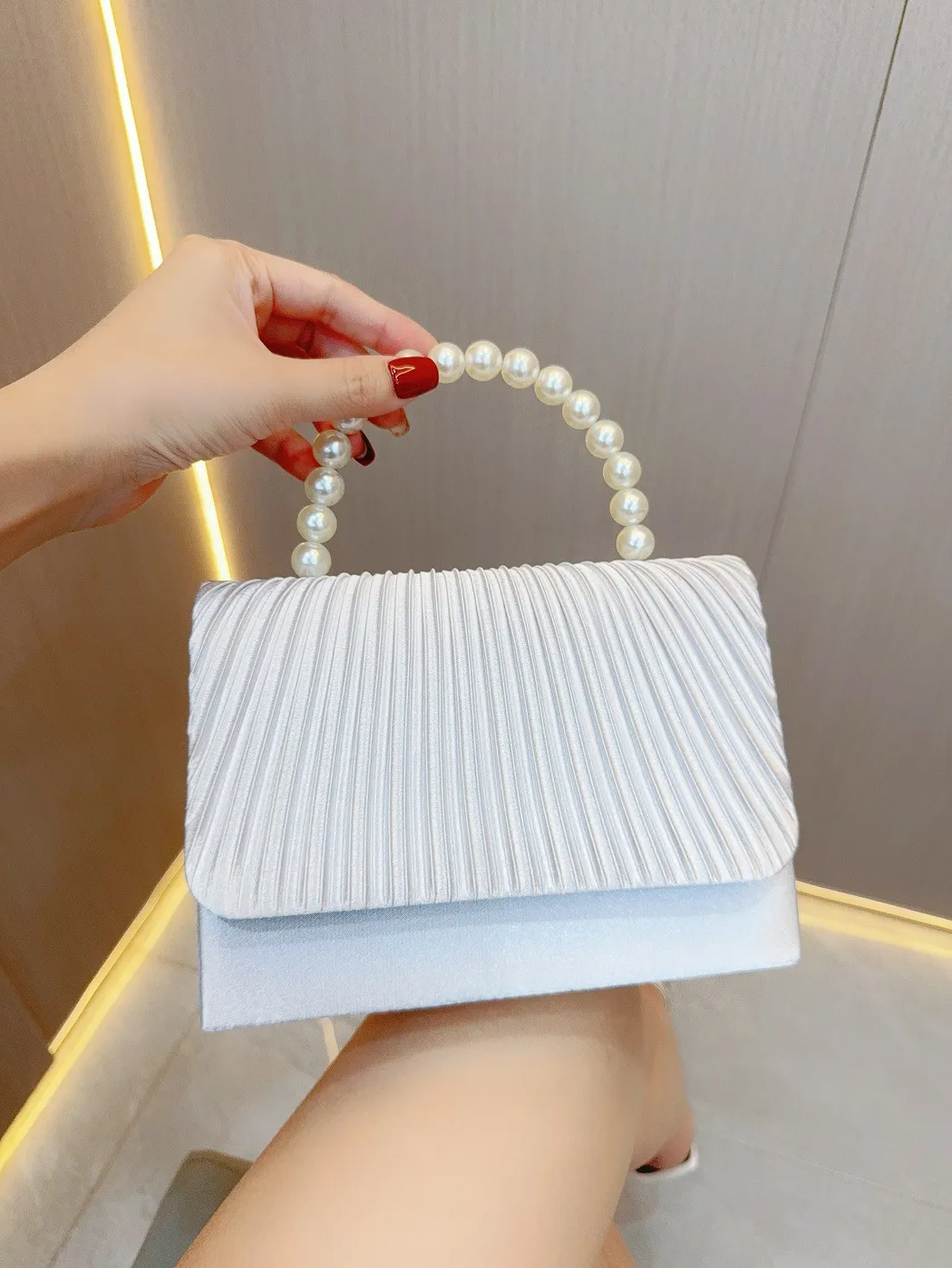 White Pearl Top Handle Evening Bag Women Wedding Party Shoulder Bag Clutch Purse