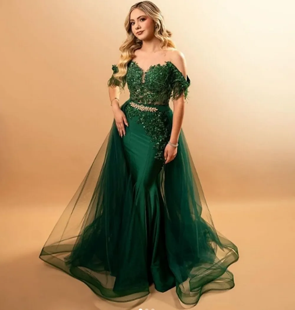 green emerald velvet dress Off-Shoulder Dark Green Satin Beaded Prom Evening Gown main image 0