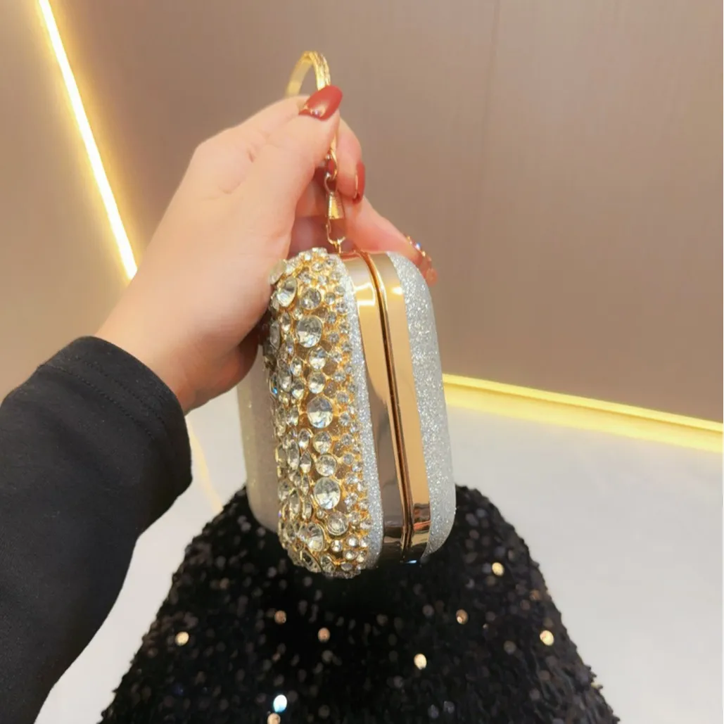 Sparkly Golden Evening Clutch Bag for Women Red Gold Polyester Diamond Decor Cocktail Party Handbag