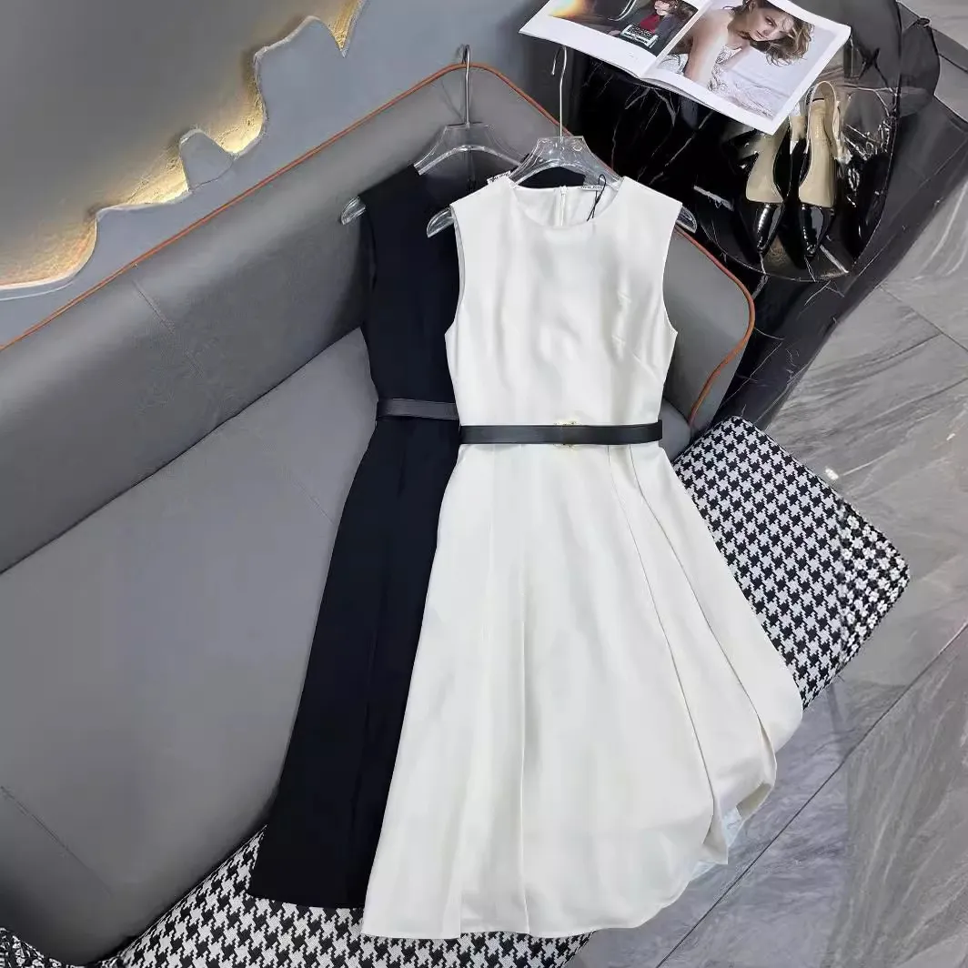 Summer sleeveless dress with letter gold thread embroidery and classic  black belt mid-calf length cotton blend from Dhgate Street Style Dresses -  price 38.6