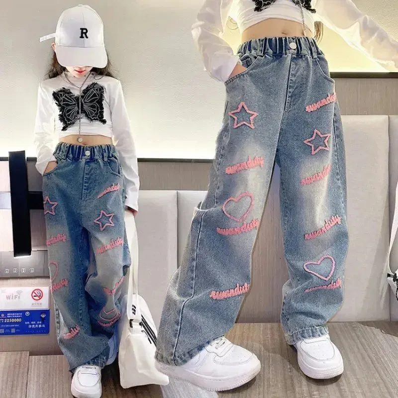 Spring Teenagen Girls Jeans Stars Love Towel Embroidered Wide Leg