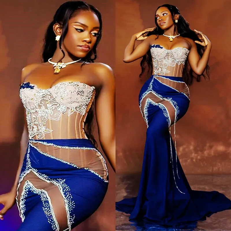 Royal Blue Plus Size Mermaid Blue Mermaid prom dress with Illusion Applique, Beaded Lace, Tassel, and Engagement Gown for Special Occasions - AM1326