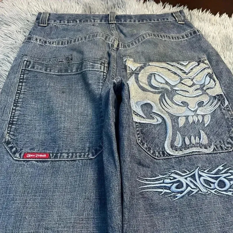 Mens Gothic Tiger Graphic Print Jeans Vintage Hip Hop, Baggy