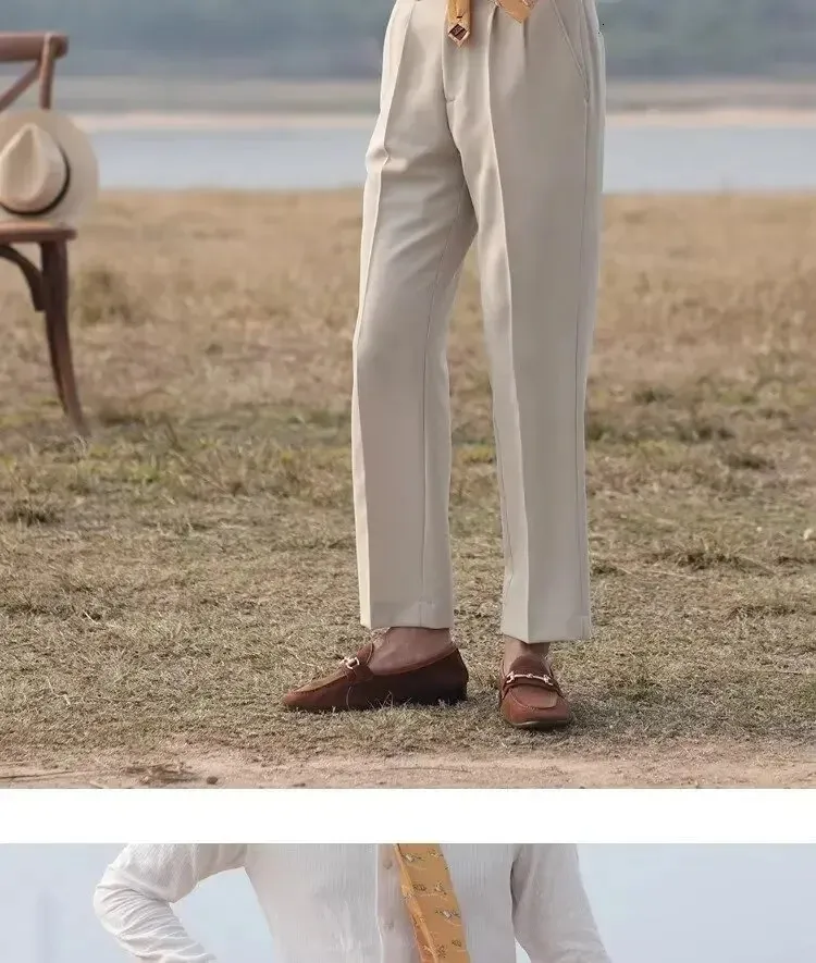 Italian Style Mens High Waisted Straight Leg Pants Comfortable