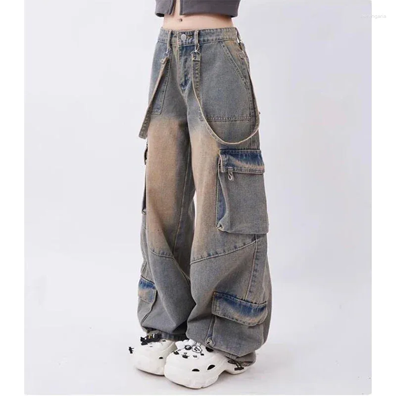 Baggy Blue Jeans Womens Y2K Vintage Wide Leg Cargo Denim Trousers