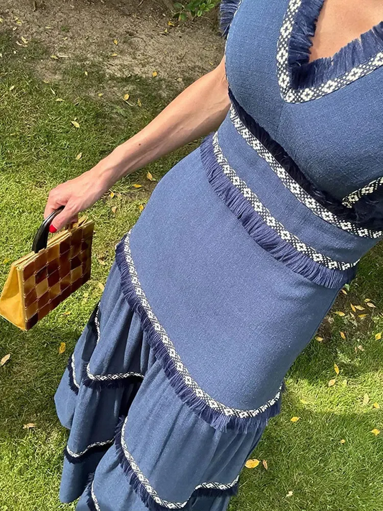 Chic Ethnic Printed Long denim pinafore dress with Flying Sleeves and V-Neckline for Women - Perfect for Summer Holidays and Beachwear (240712)