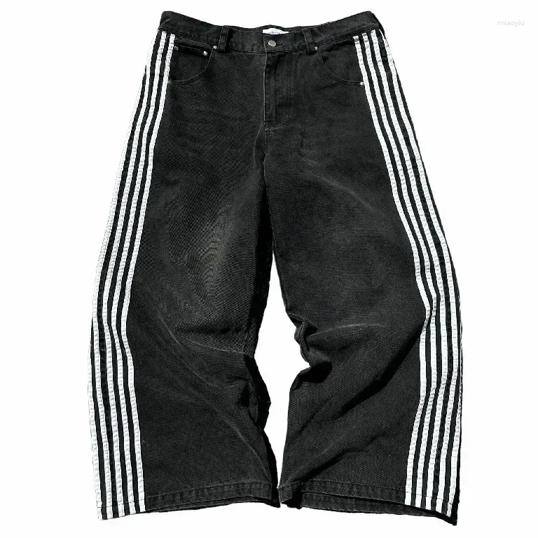 BLESSÜ BU STRIPE BAGGY DENIM PANTS BLACK DHgate.com:Baggy Hip Hop Jeans: High Street Style, Wide Leg