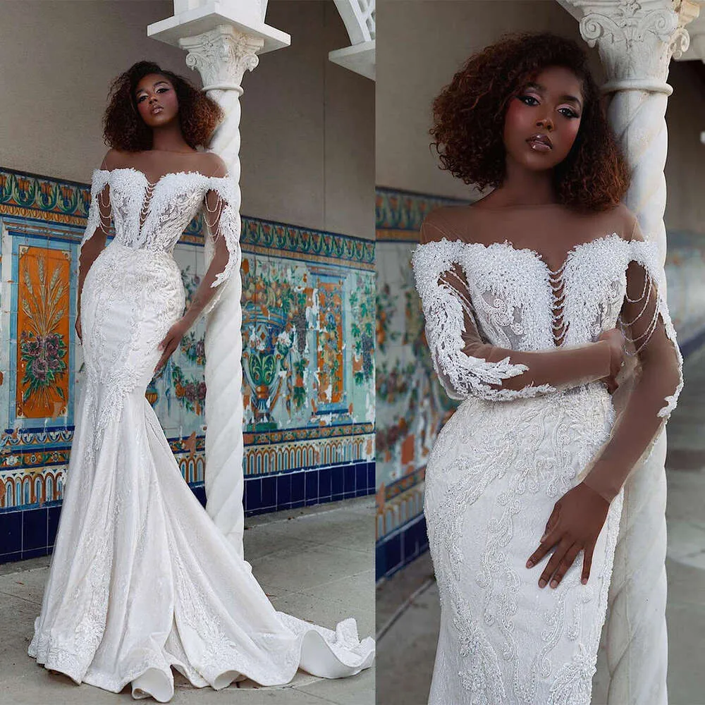 chinese dress ladies Mermaid V-Neck Off-The-Shoulder Long Train Organza Paillette Applique Wedding Dress