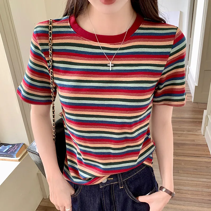 Striped Tee Shirt: Colorful Summer Top, Womens Short Sleeve
