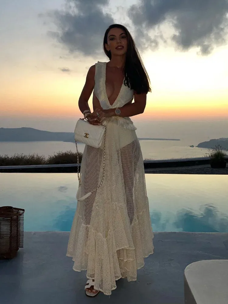 Boho Beach Maxi Dress: Bohemian Patchwork Deep V Neck See Through