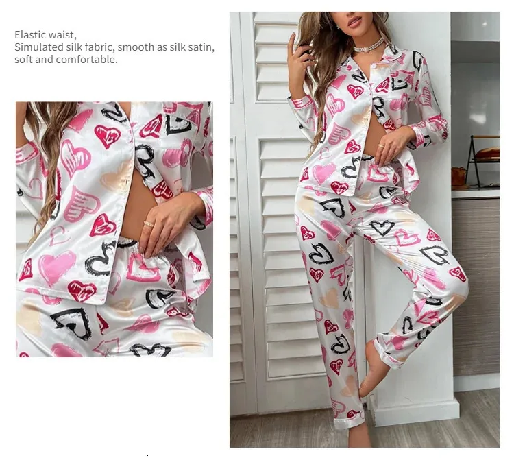 Women Spring Pajamas Heart Print Pajama Set Button Up Long Sleeve Top ...
