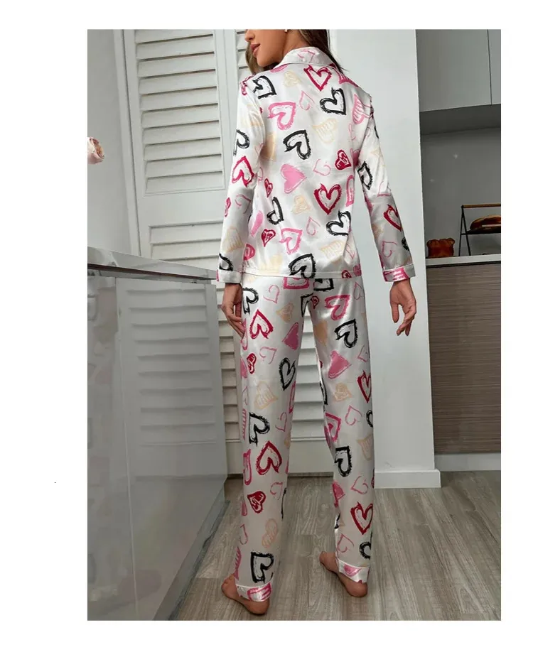 Women Spring Pajamas Heart Print Pajama Set Button Up Long Sleeve Top ...