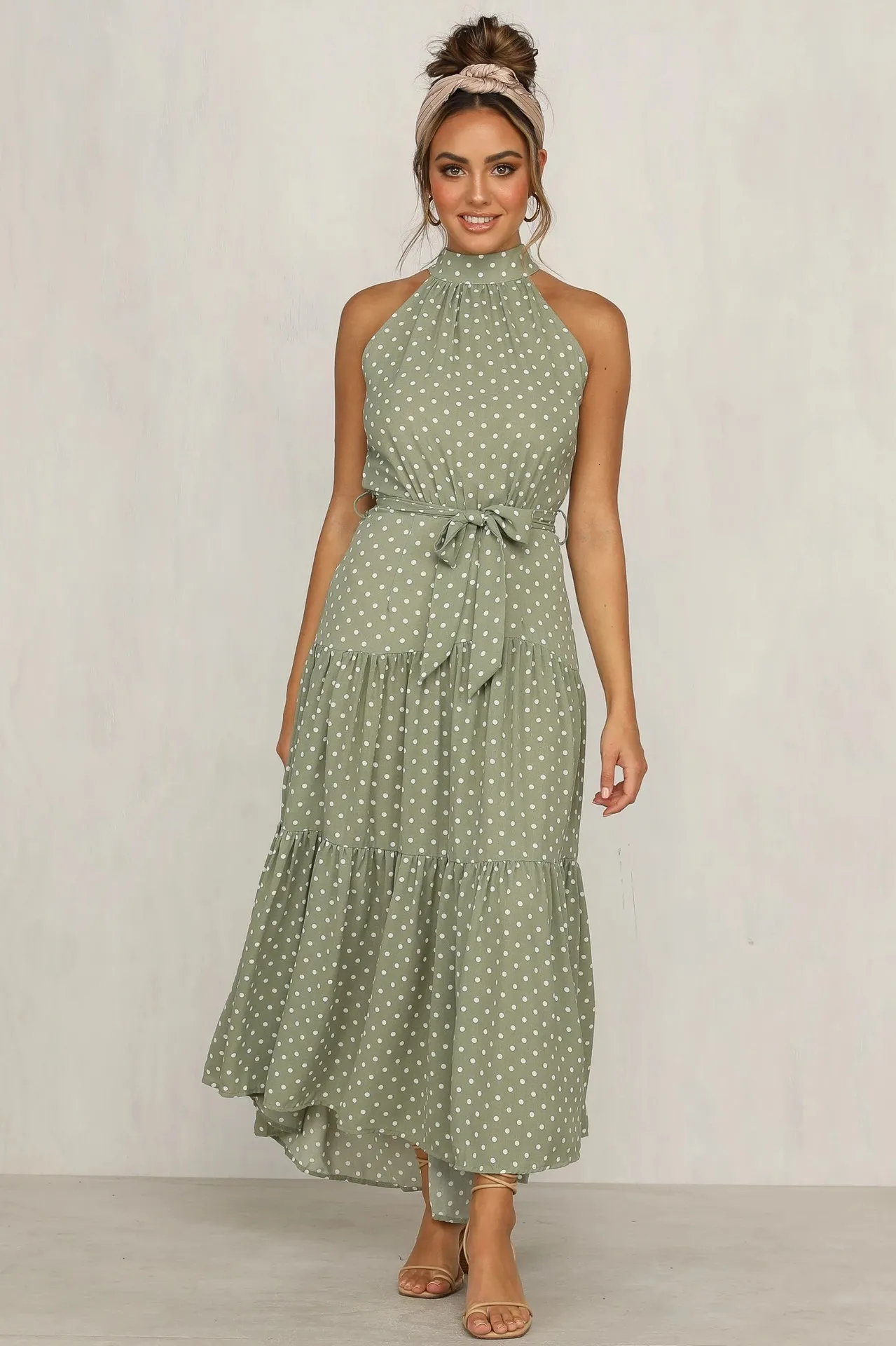 green flowy prom dresses Darlene Black/Green Polka Dot Off-Shoulder Swing Dress