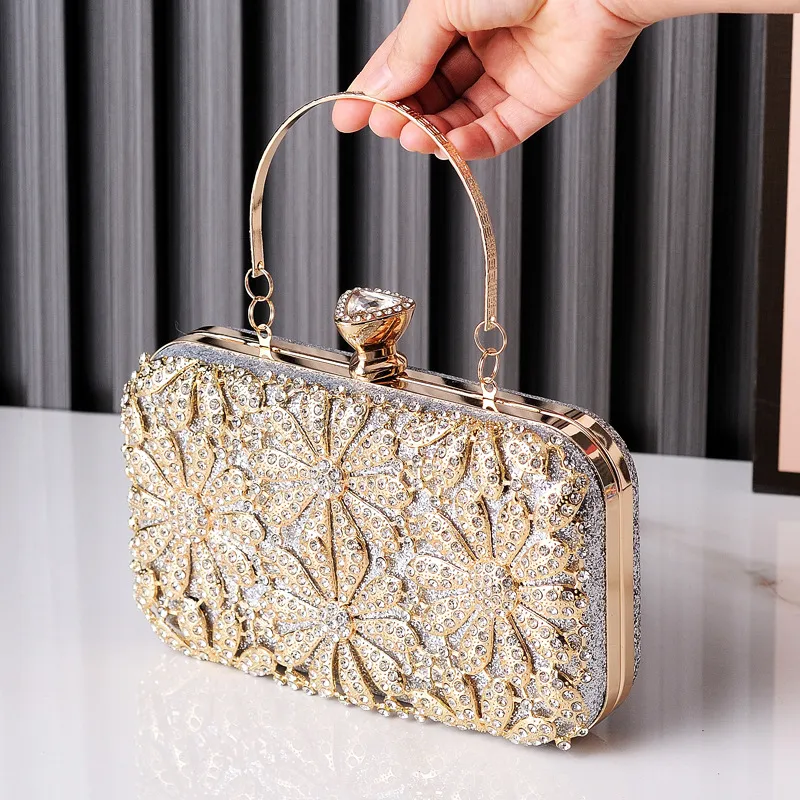 Golden Evening Clutch Bag for Women Shiny Handbag with Metal Bow 2024 Wedding Bridal Chain Shoulder Bag