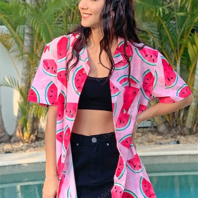 Economize muito em Camisa Havaiana De Melancia Camisa Havaiana De Impressão  Aquática Tropical Para Mulheres, Botão De Verão Aloha Blouse em grandes
