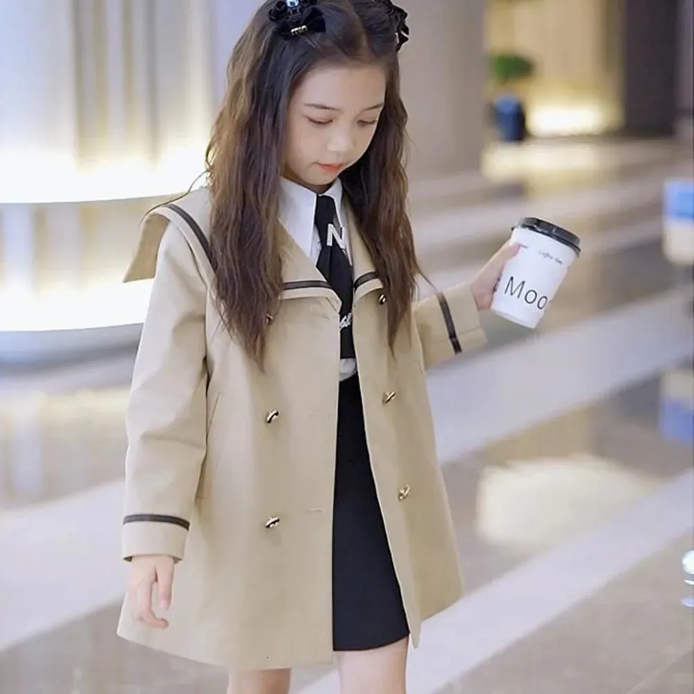 Preppy Style Sailor Collar Mid-Length Trench Coat for 5-12Y
