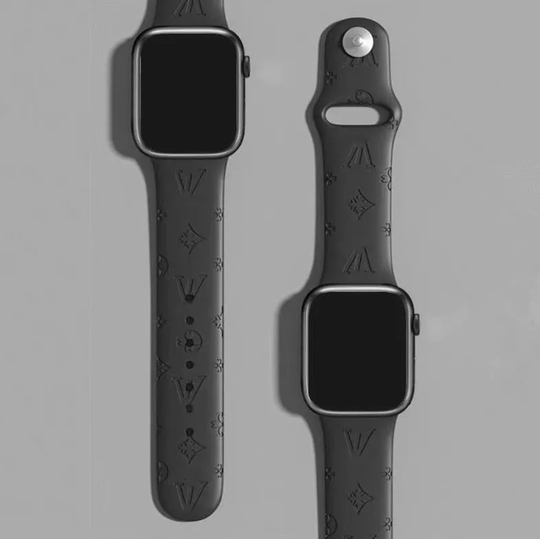 Designer Silicone Watch Band for Apple Watch, Multiple Sizes (38/40/41mm, 42/44/45/46/49mm), Fashionable Letter and Flower Design, Compatible with Designer Silicone Watch Band for Apple Watch, Multiple Sizes (38/40/41mm, 42/44/45/46/49mm), Fashionable Letter and Flower Design, Compatible with