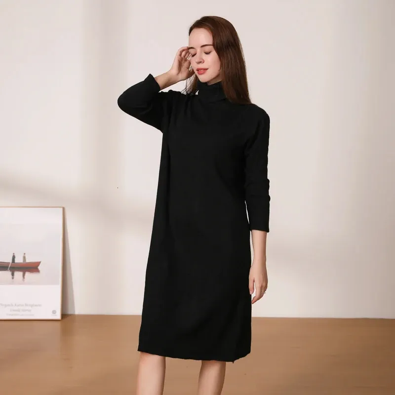 Korean Fashion Knitted Women's Winter midi sweater dress - Elegant Black Tight Robe for Casual Wear (240715)