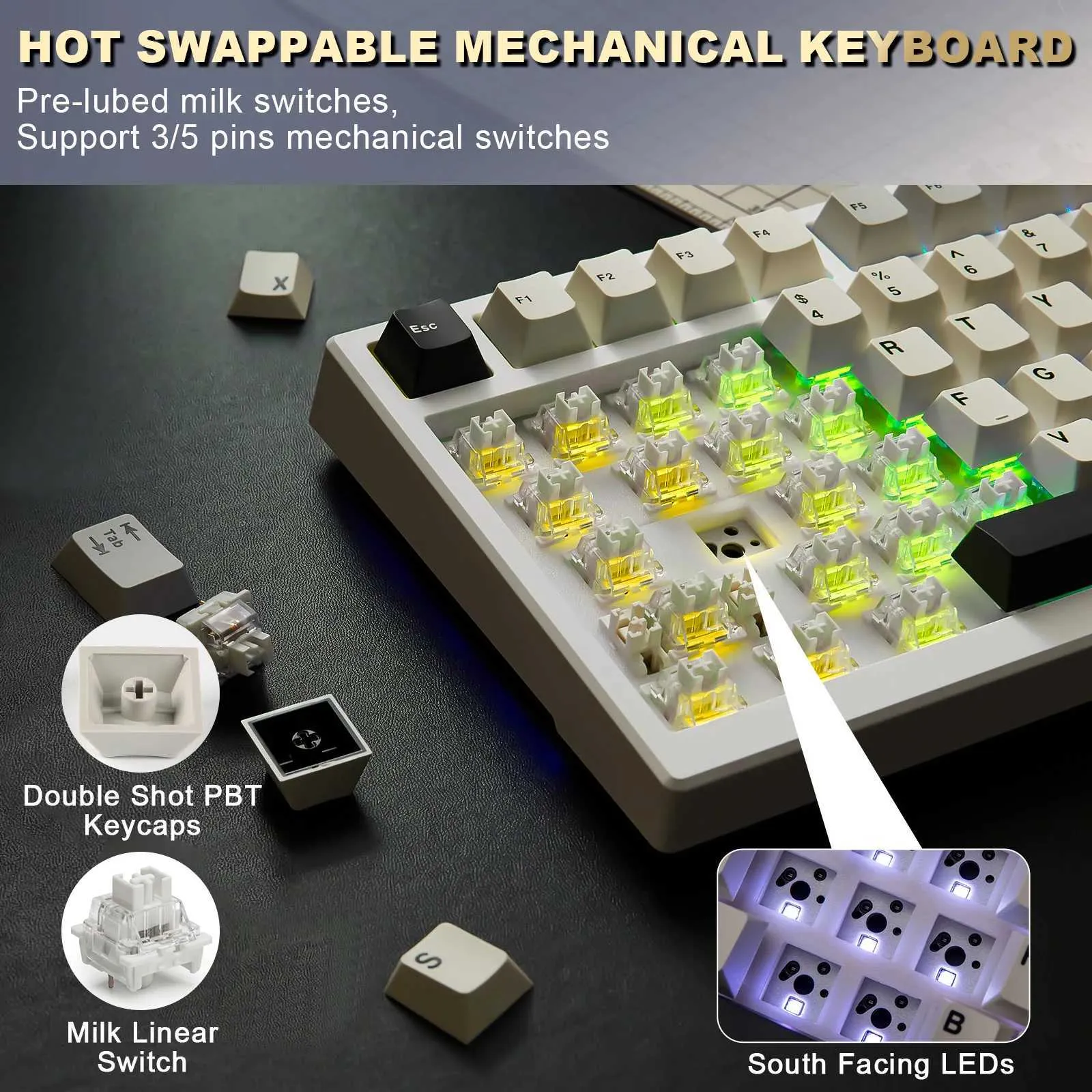 White 98% 1800 Layout Hot-Swappable Wireless RGB Gaming Mechanical Keyboard, 99 Keys YZ98 White 98% 1800 Layout Hot-Swappable Wireless RGB Gaming Mechanical Keyboard, 99 Keys YZ98
