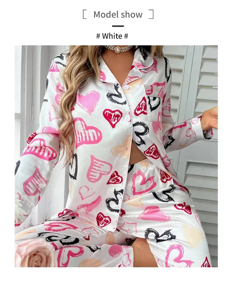 Women Spring Pajamas Heart Print Pajama Set Button Up Long Sleeve Top ...