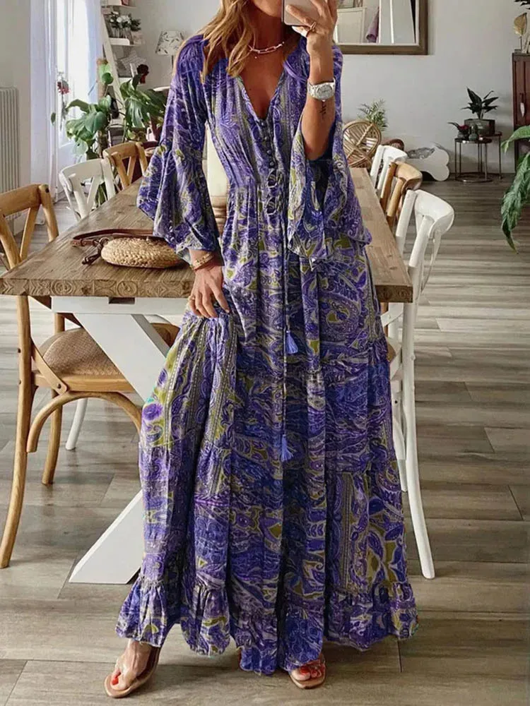 Abito Lungo Maxi In Chiffon Floreale Con Scollo A V E Maniche Lunghe | Vita Impero Elasticizzata, Taglia S | Perfetto Per Matrimonio, Feste, Autunno
