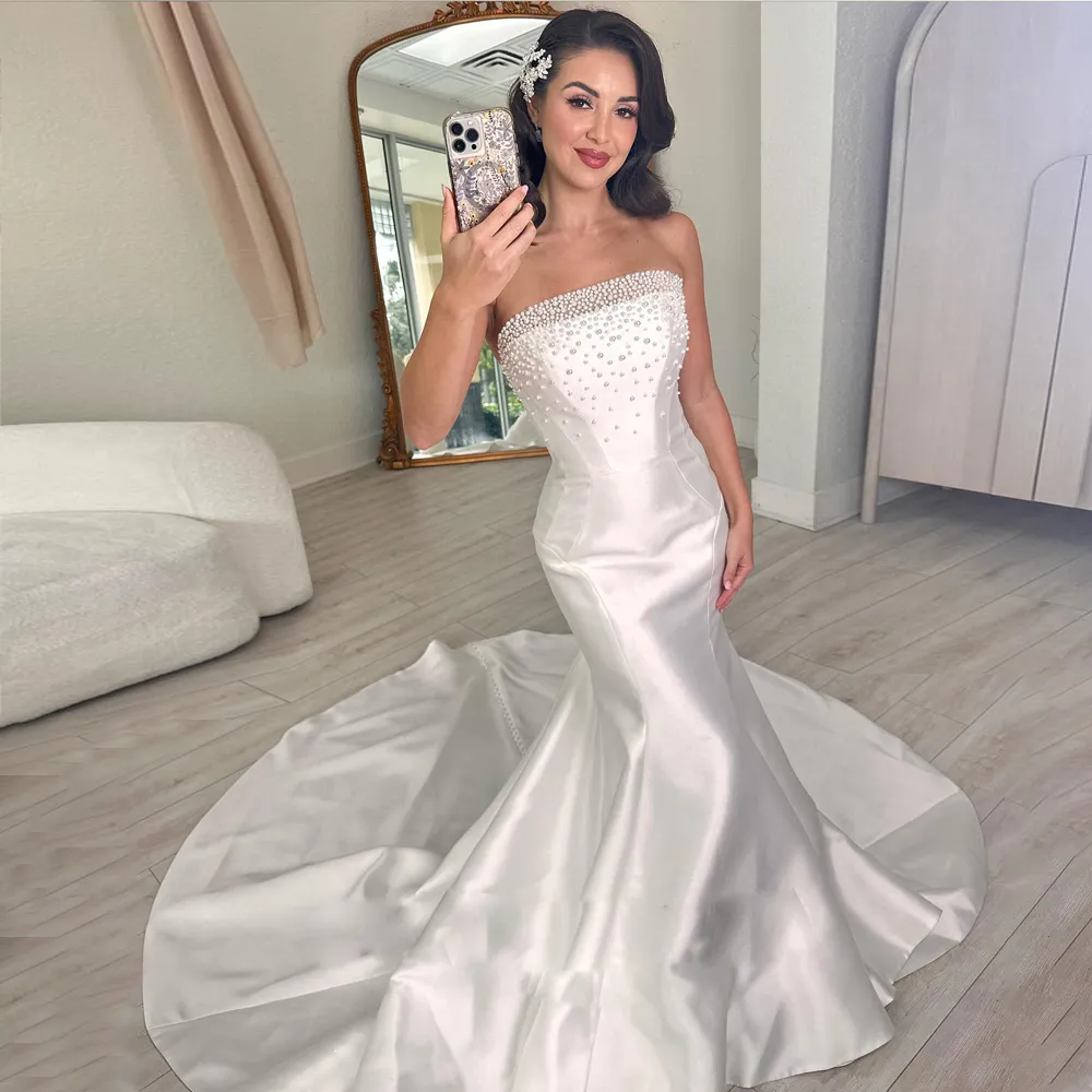 Elegant Mermaid Pearl Wedding Dress with Strapless Satin Skirt and Sweep Train