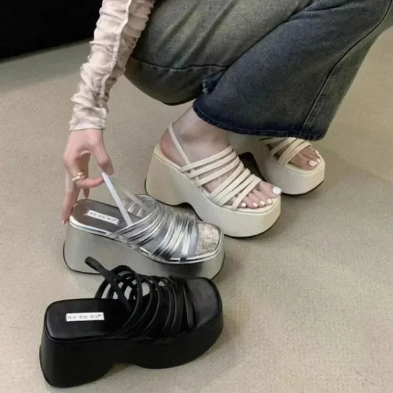 Womens Silver Wedge Platform Chunky Sandals With Black Belt And Chunky Heels Perfect For Summer K15m From Hssgh 53.47 DHgate.Com
