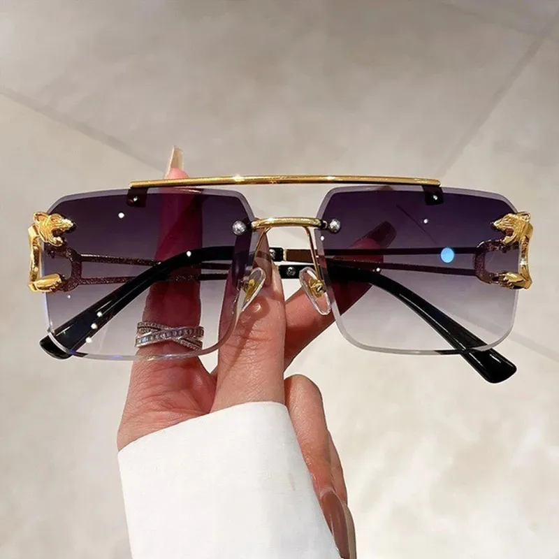 Frameless Diamond Cut Sunglasses: Leopard Detail, Dual Beams - Shop Now ...