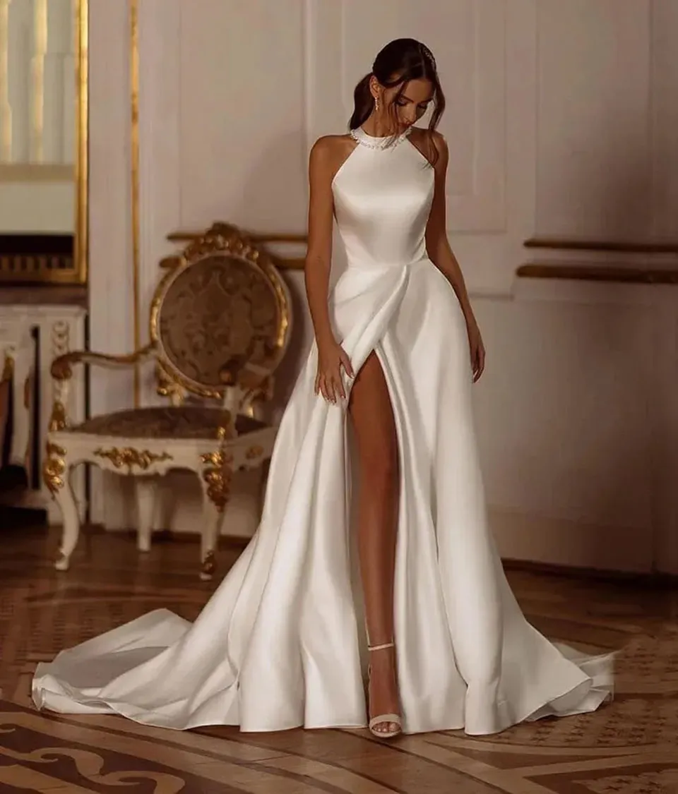 Sexy Satin A-Line high neck wedding dress with Halter Neck, Bow, Side Split - Modern Bride Gown (Robe de Mariage Casamento) - Vestidos de Novia 0528