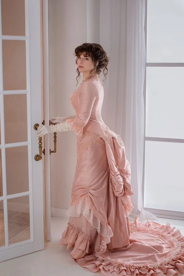 Delicate Light Pink Victorian Prom Dress 2024 European Court Pleated Cubic Floral Fluffy Ruffle Lace up Half Sleeve Makeup Party Dresses