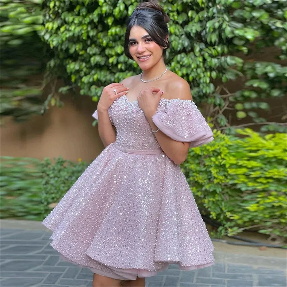 Shiny Pink Short Prom Party Dresses Off The Shoulder Sequined Pearls Formal Event Graduation Dress Birthday Pageant Gowns Robe De Soiree
