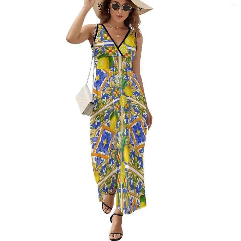 Summer Casual Dress Sicilian Tile Print, Sleeveless Mediterranean Style,  Citrus Lemon Design Women's Fashion