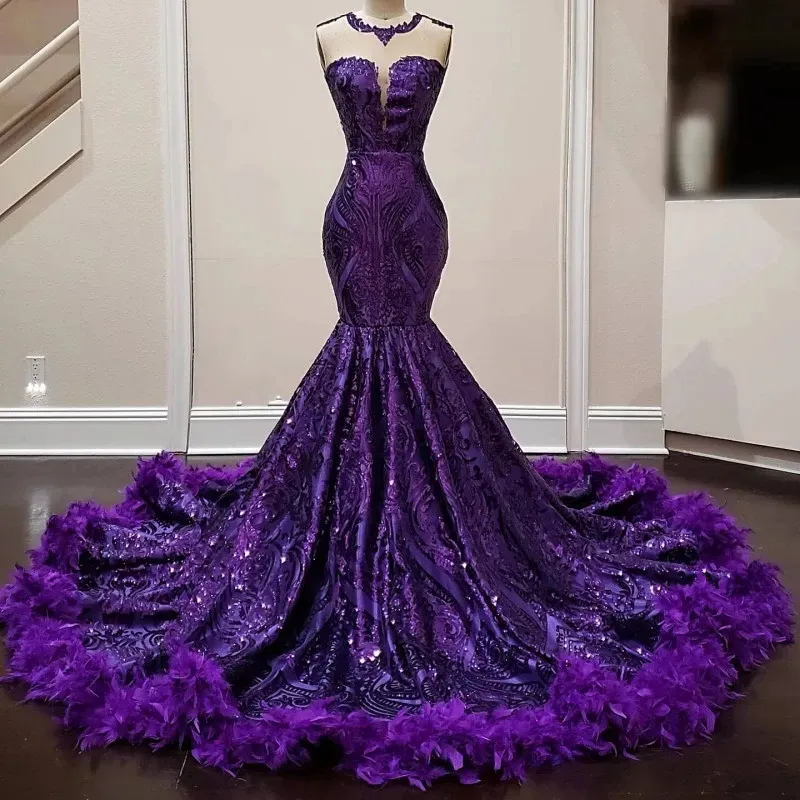 2024 Purple Feather Mermaid Purple sparkly prom dress with Sequin Detailing for Black Women - Perfect for Birthday Parties and Evening Events