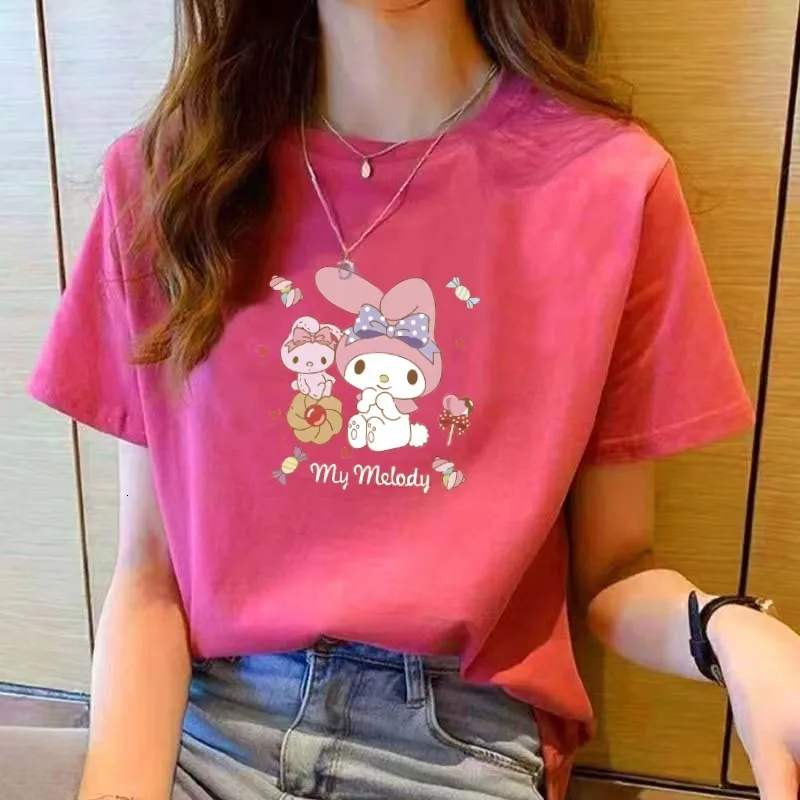 Qianxitang Women's Cute Graphic Print T-Shirt – Cotton Round Neck Short Sleeve Blouse, Medium, Pink