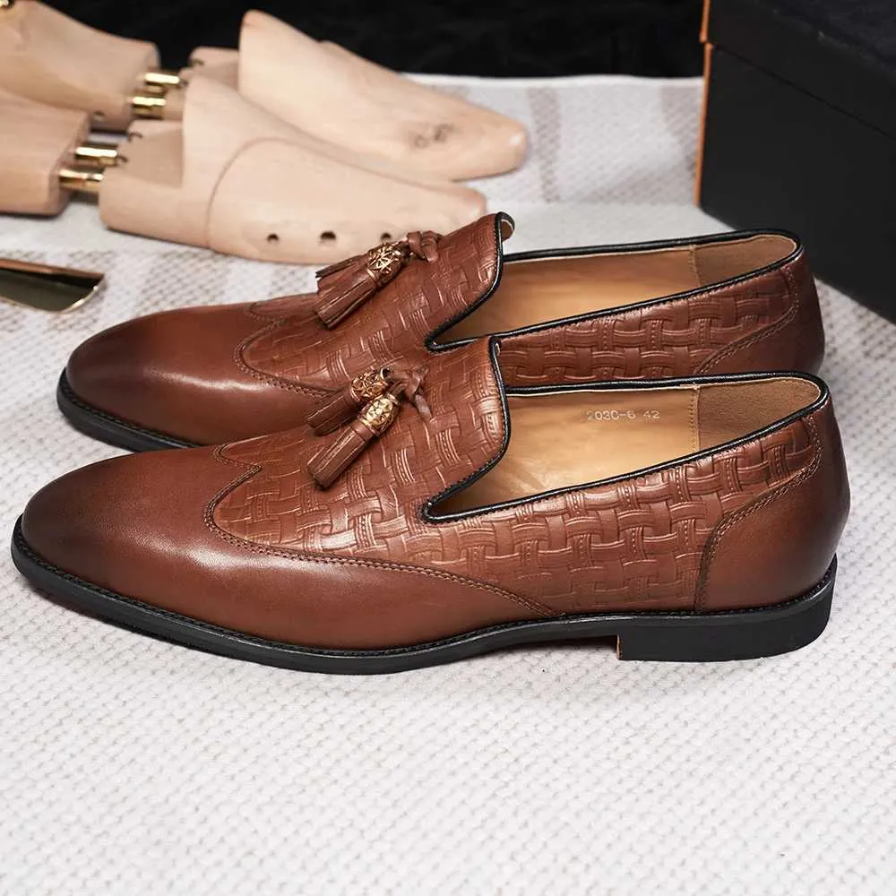 Men's Genuine Leather Slip-On Wingtip Tassel Loafers Dress Shoes Black Brown  Low Heel from Dhgate Dress Shoes