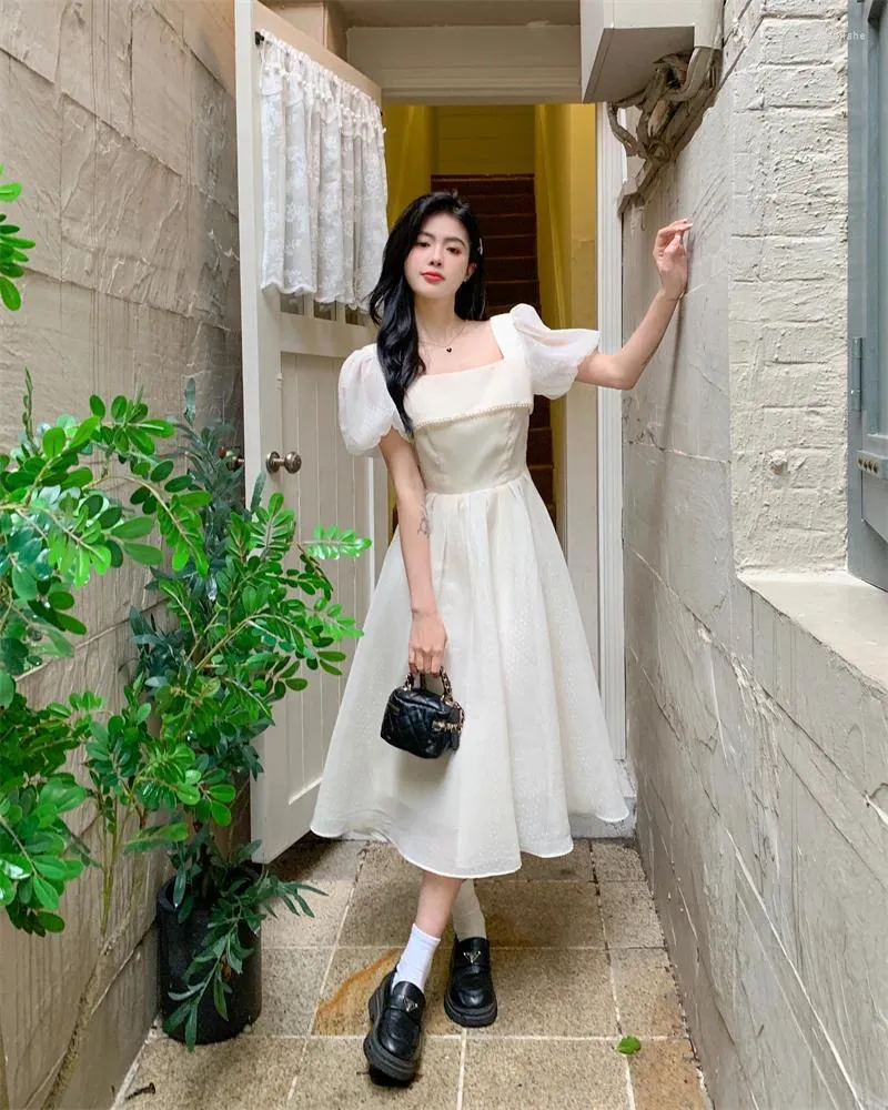 Korean Style White Dress - Retro Sweet Square Collar A-Line Dress