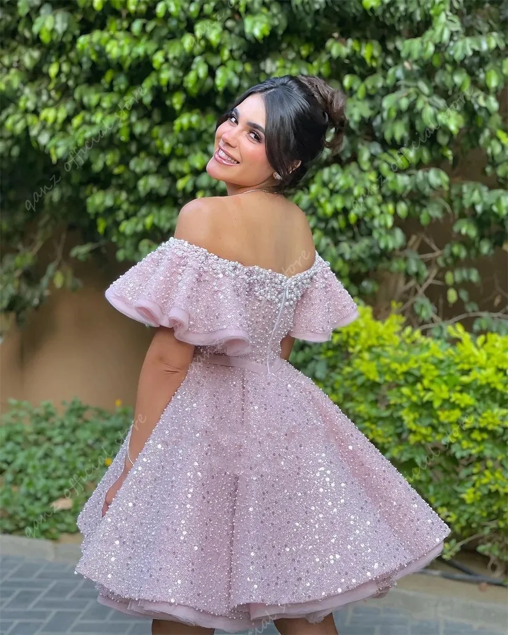 Short Pink Off-the-Shoulder Prom Dress with Sequined Pearls and Capped  Sleeves Formal Graduation Party Gown from Dhgate Prom Dresses - price 110.56