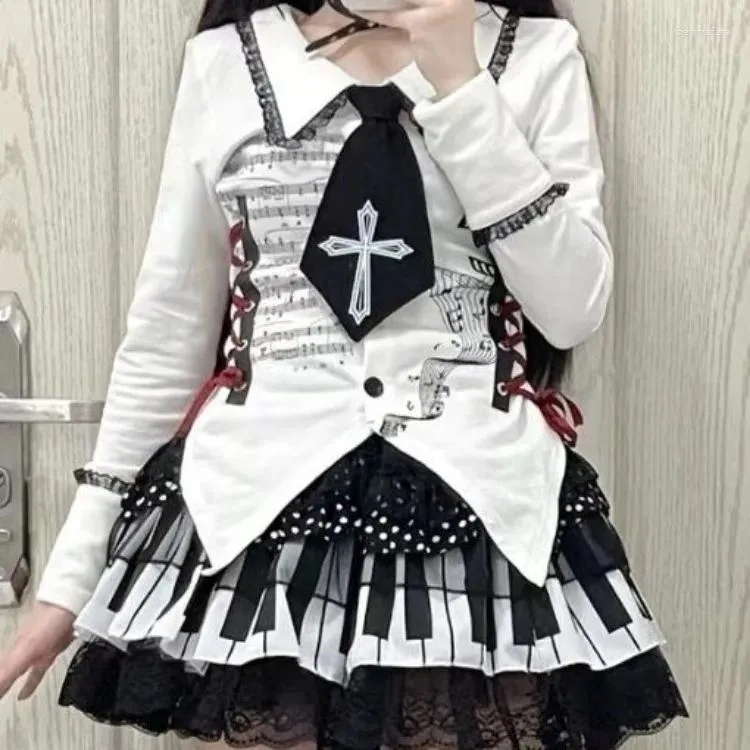 Y2K Grunge A-Line Skirt: Harajuku Punk Piano Keys Lace Skirt
