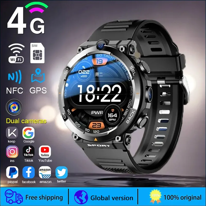 DHgate 4G LTE Smartwatch For Men GPS HD Dual Camera SIM Talk NFC Heart Rate Health Monitoring Face Unlock Smart Watch For Android IOS Sports Outdoors