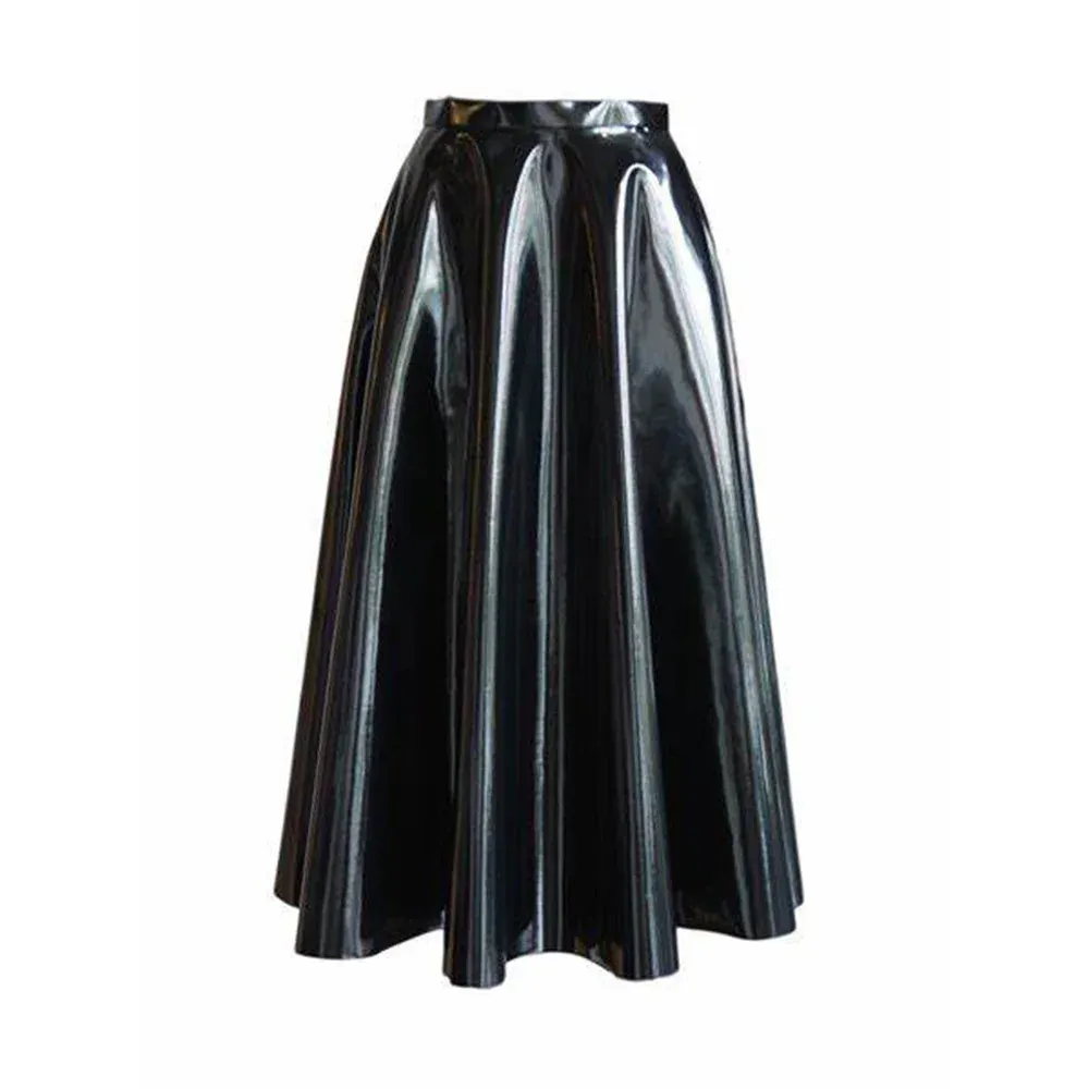 Vinyl Floor Length PVC Skirt High Waist Pleated Long Skirt, Sexy