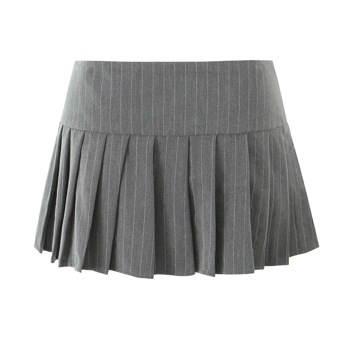 Y2K Grey Striped Print Side 3 Buttons Pleated Mini Skirt Sexy Low