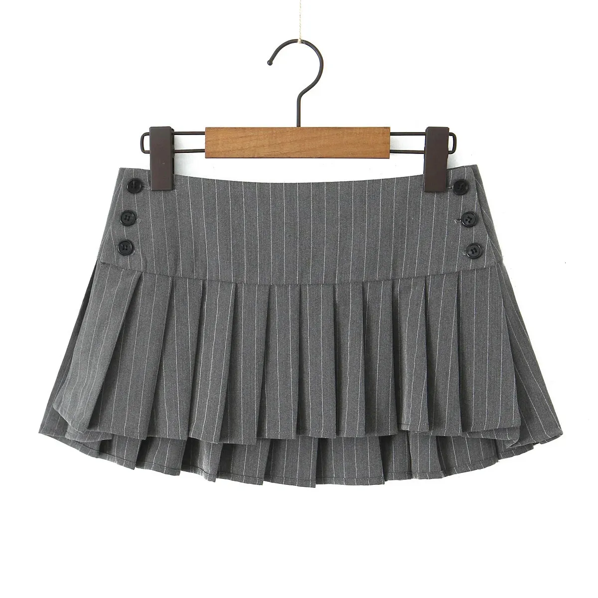 Y2K Grey Striped Print Side 3 Buttons Pleated Mini Skirt Sexy Low