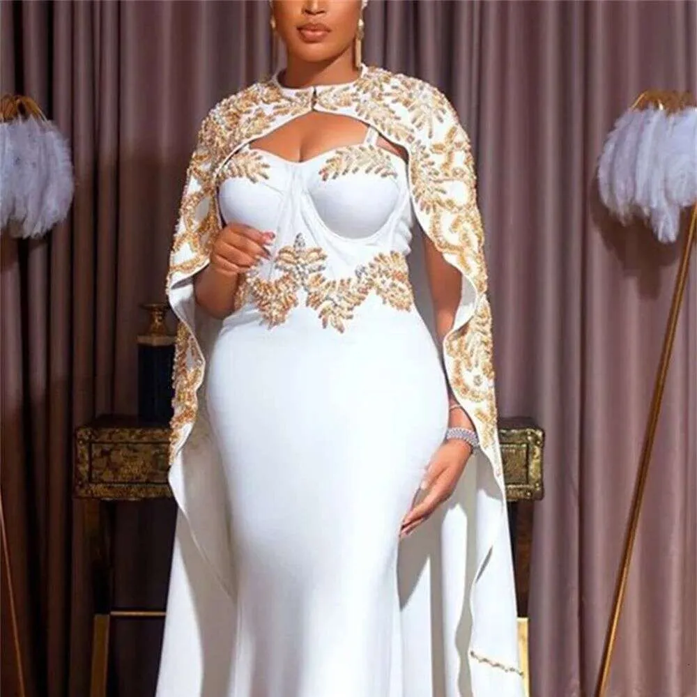 Elegant Plus Size White Prom Dress: Embroidered Applique Cape