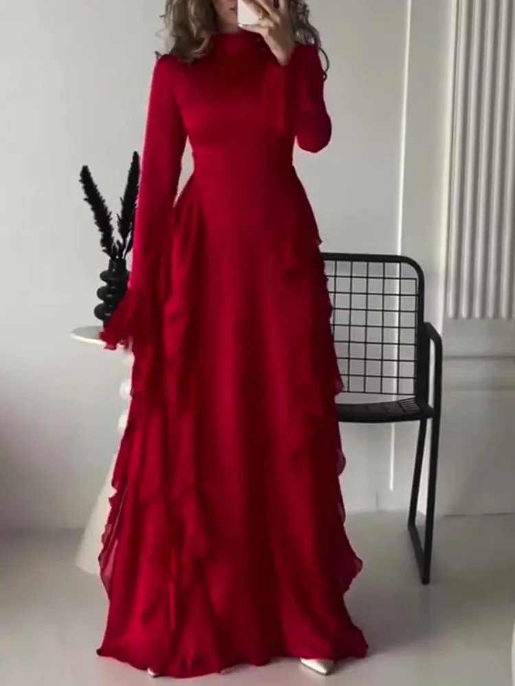knee length dresses for ladies Red Midi Bodycon Dress with Long Sleeves